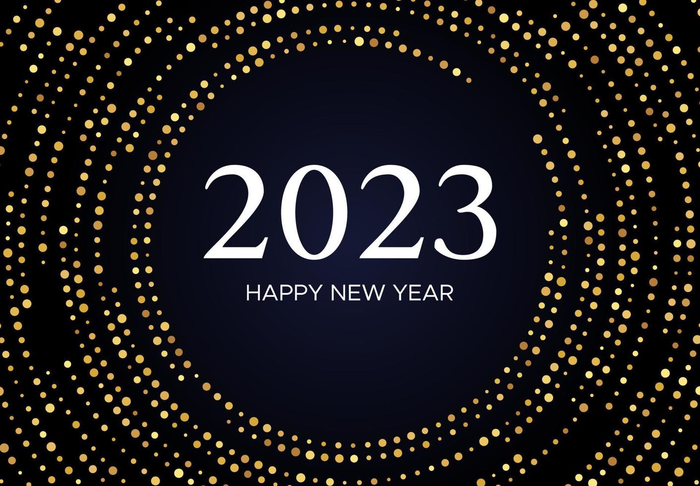 2023 Happy New Year of gold glitter pattern in circle form. Abstract gold glowing halftone dotted background for Christmas holiday greeting card on dark background. Vector illustration