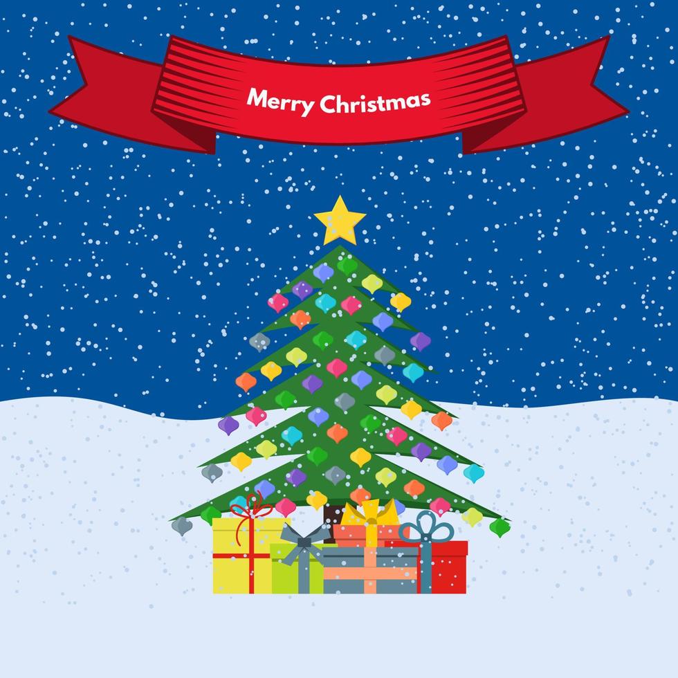 árbol de navidad con juguetes coloridos con cajas de regalo en la nieve y cinta roja con las inscripciones feliz navidad. ilustración vectorial vector