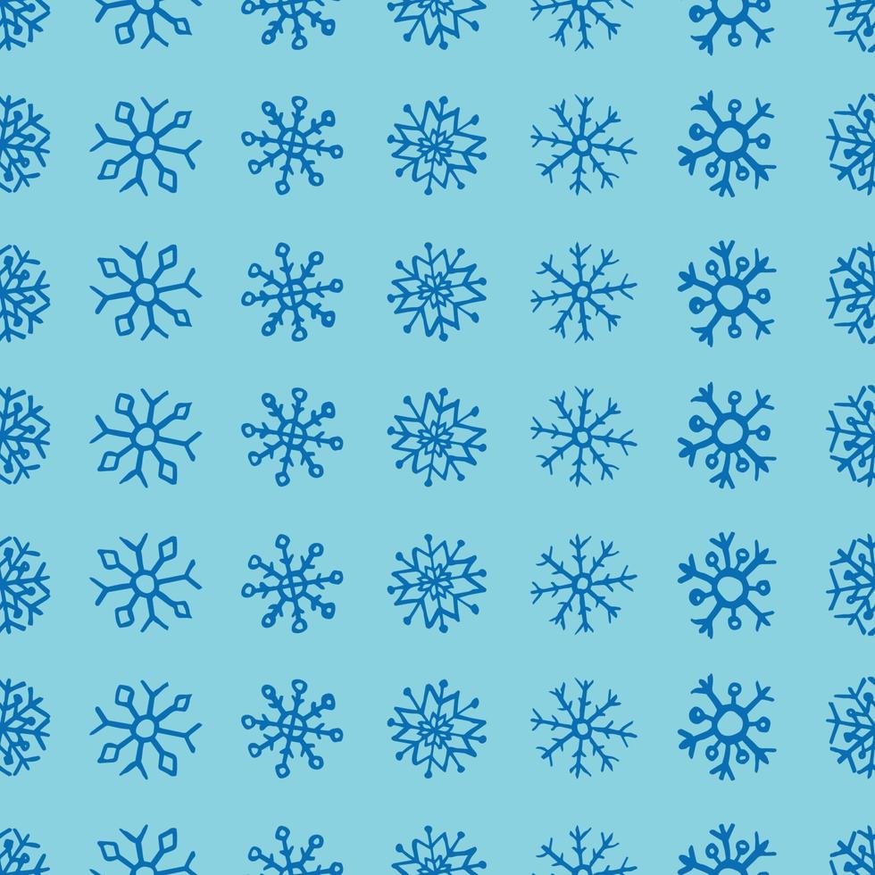 Seamless background of hand drawn snowflakes. White snowflakes on blue background. Christmas and New Year decoration elements. Vector illustration.