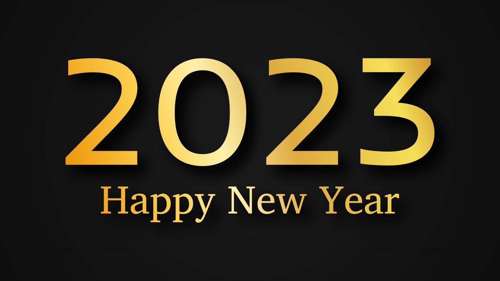 2023 Happy New Year gold background. Abstract backdrop with a gold inscription on dark for Christmas holiday greeting card, flyers or posters. Vector illustration