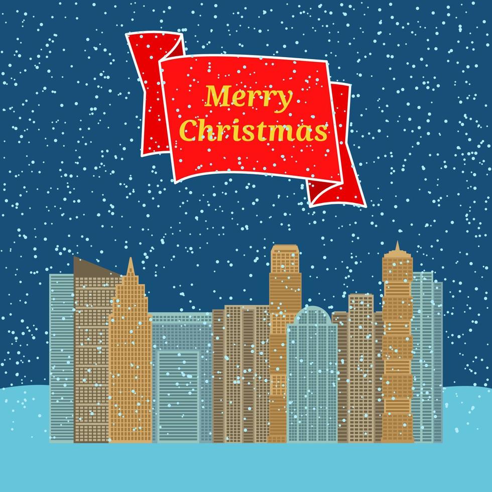 Night city with falling snow and a red ribbon with the inscription Happy Christmas. Vector illustration.