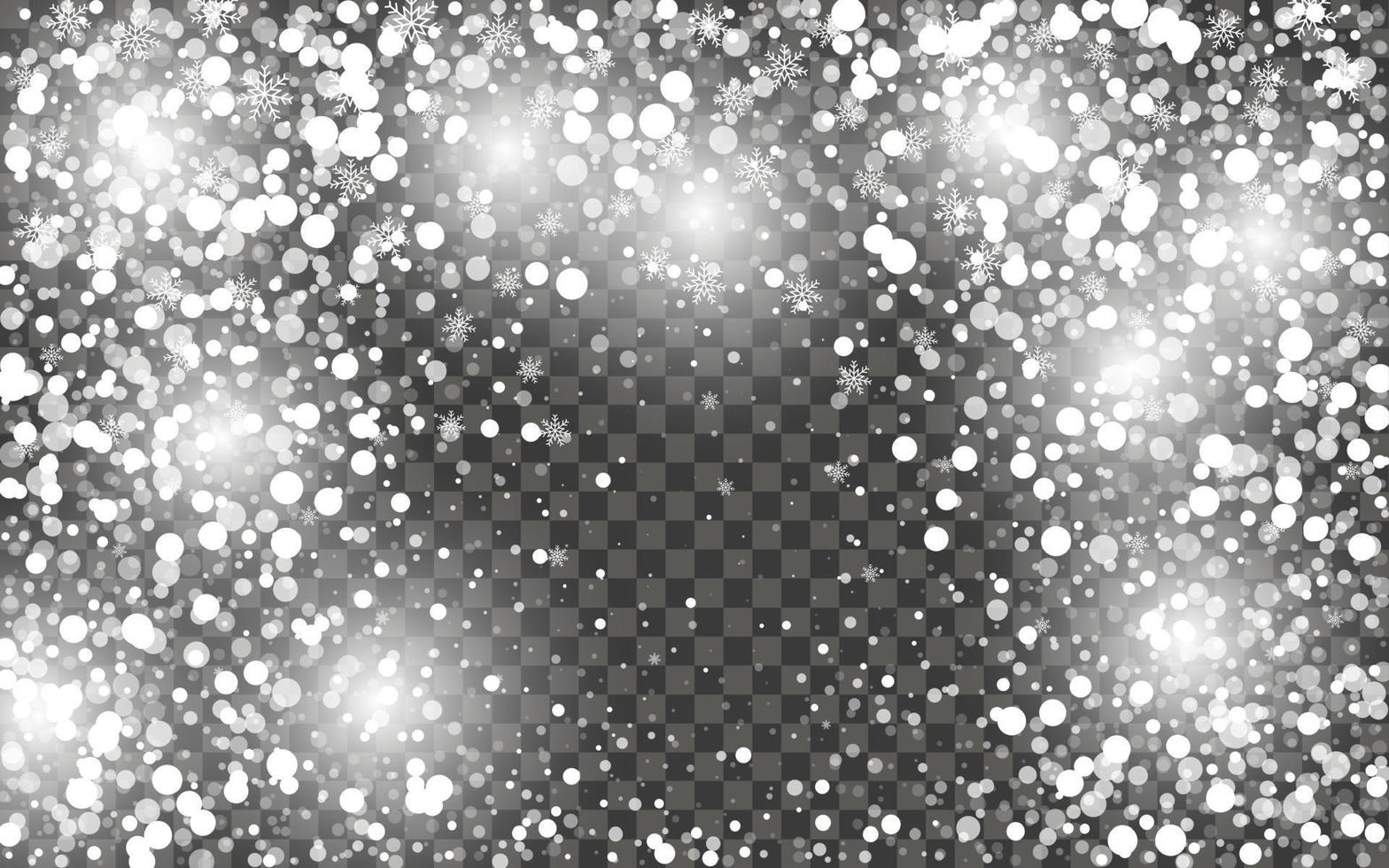 Snowfall and falling snowflakes on dark transparent background. White snowflakes and Christmas snow. Vector illustration