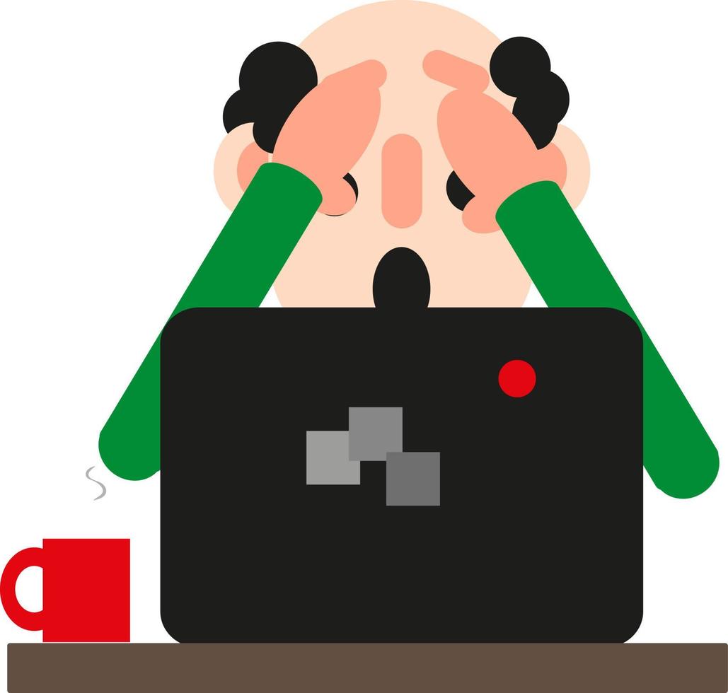 Man in front of a computer is scared, icon, vector on white background.