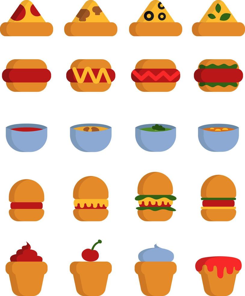 Delicious food icon set, illustration, vector on white background.