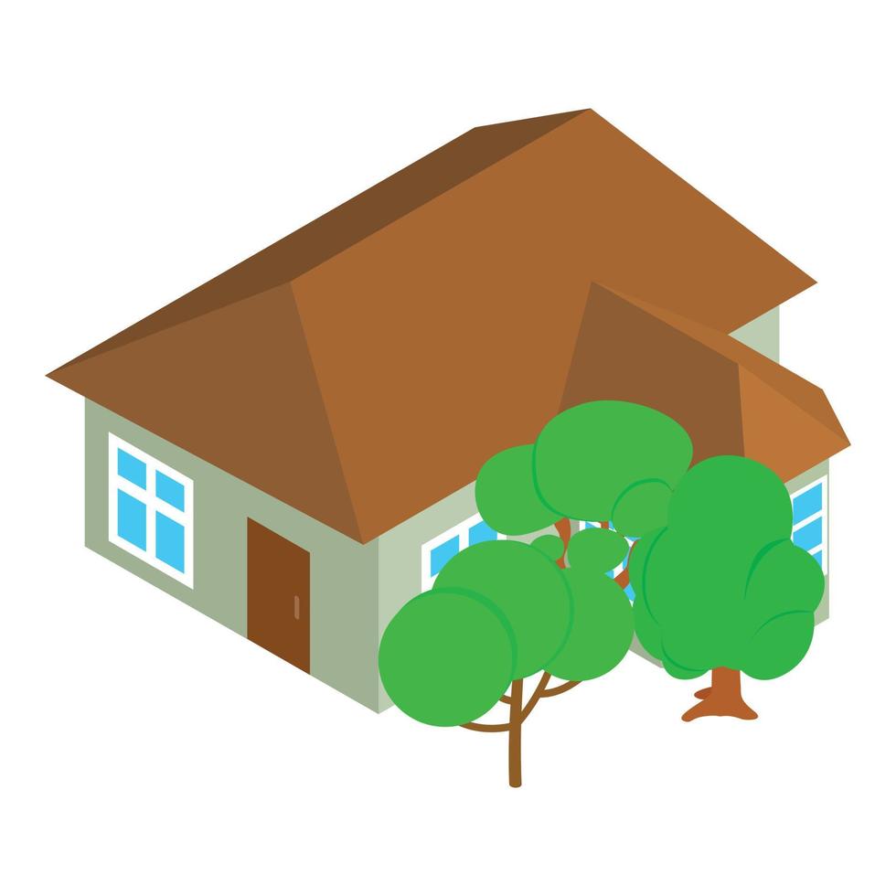 Suburban house icon isometric vector. One storey building and deciduous tree vector