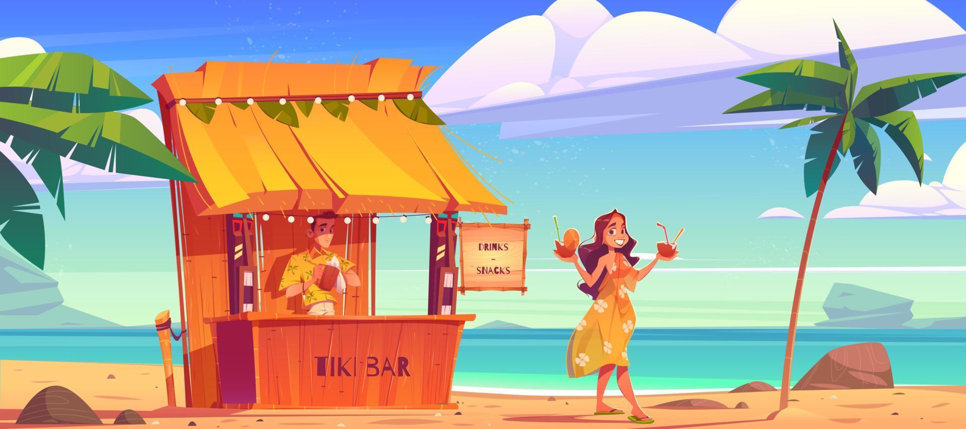 Woman buying cocktail in tiki hut bar with barman vector