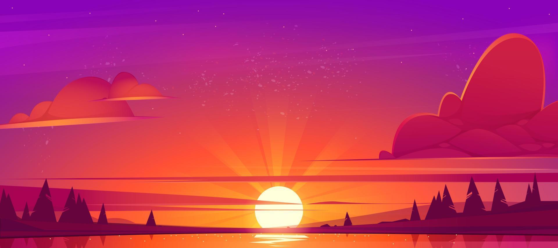 paisaje al atardecer con lago y árboles vector