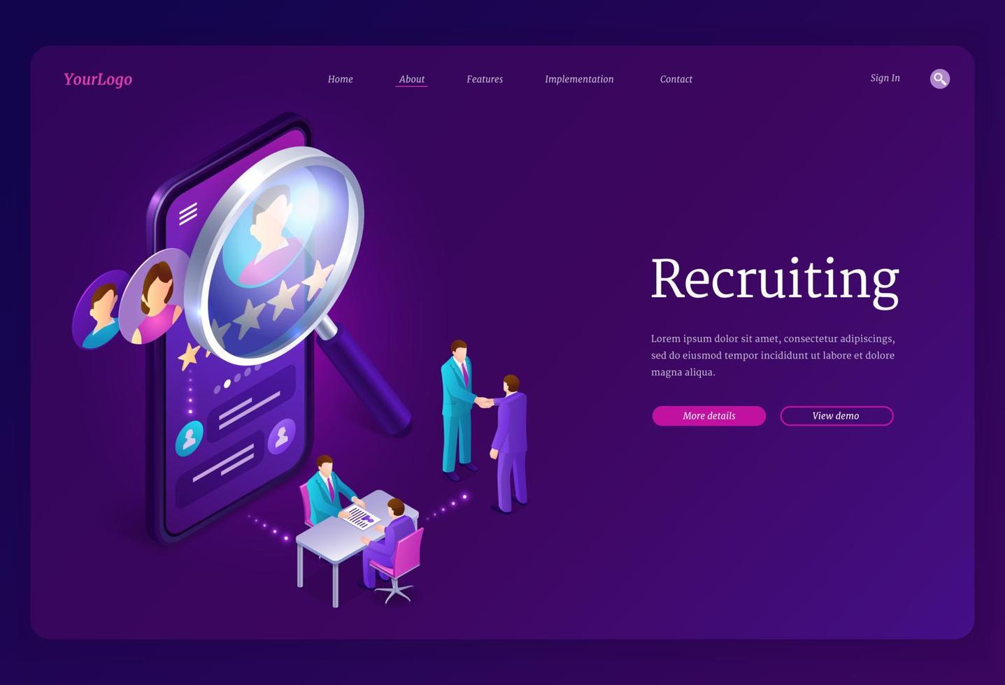 Recruiting isometric landing page. Hiring agency vector