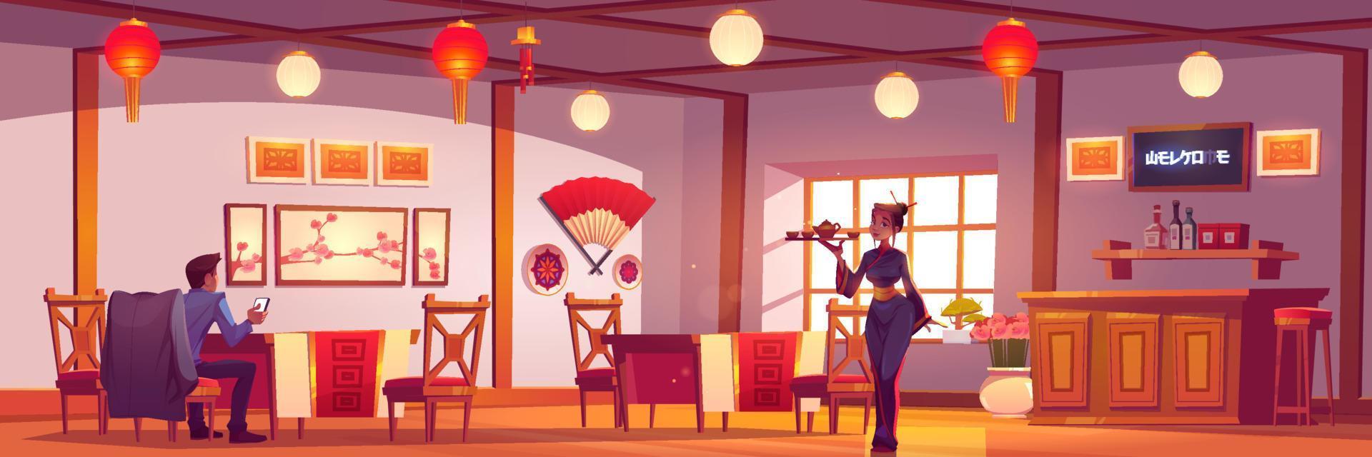 hombre y camarera en restaurante chino o japonés vector