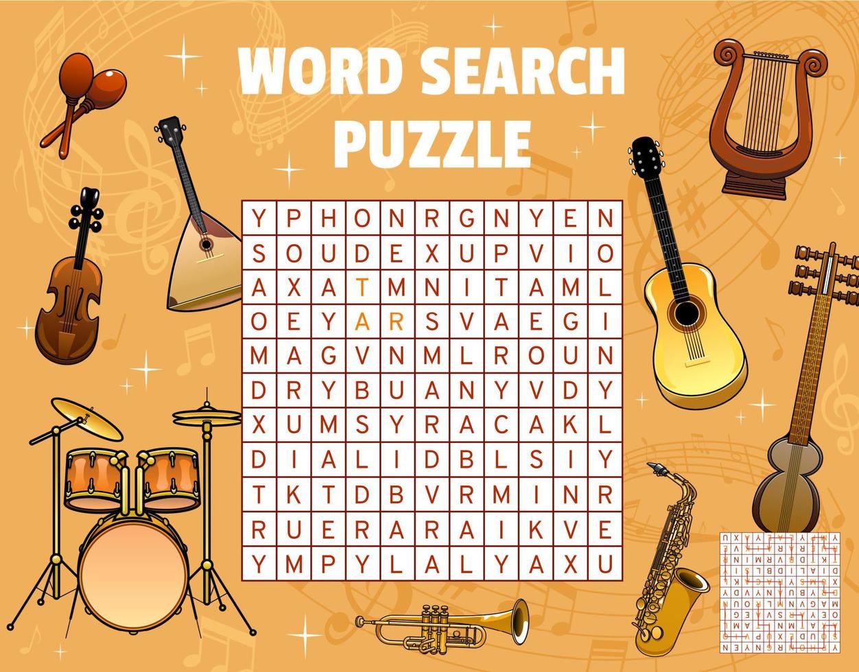 Word search game worksheet with music instruments vector