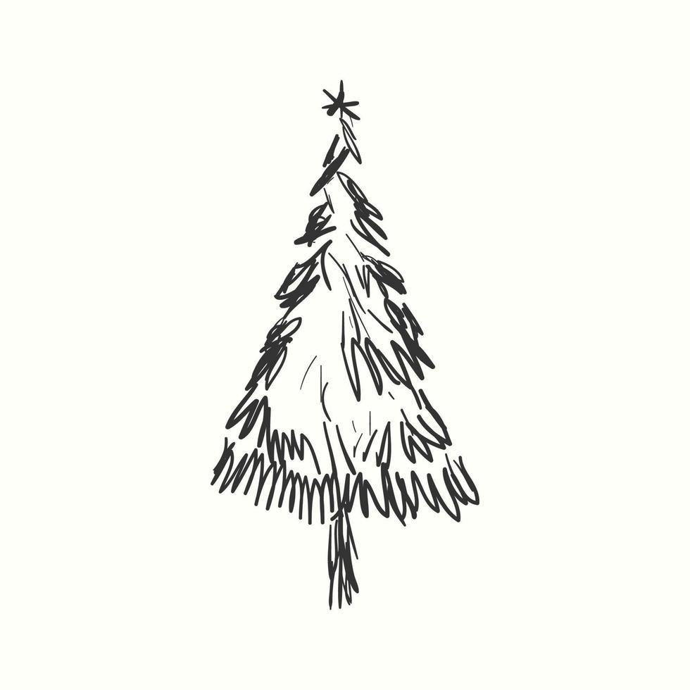 Christmas tree silhouette hand drawn illustration on white background vector