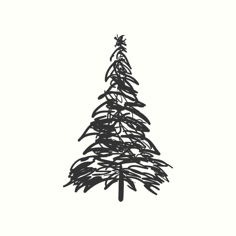 Christmas tree silhouette hand drawn illustration on white background vector