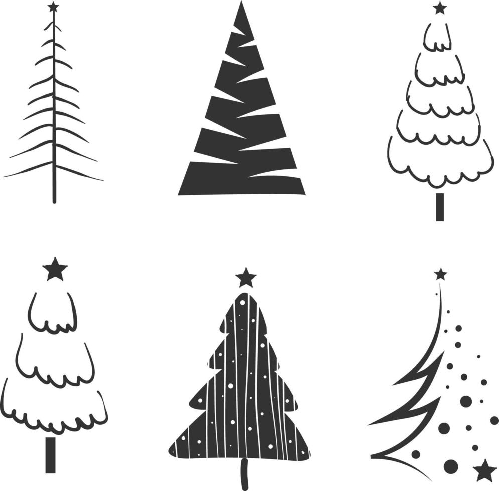 Christmas tree silhouette set hand drawn illustration on white background vector