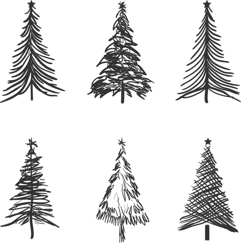 Christmas tree silhouette set hand drawn illustration on white background vector