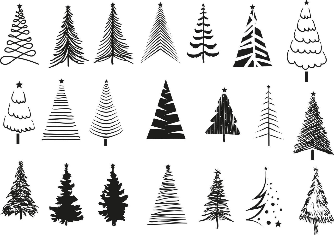 Christmas tree silhouette set hand drawn illustration on white background vector