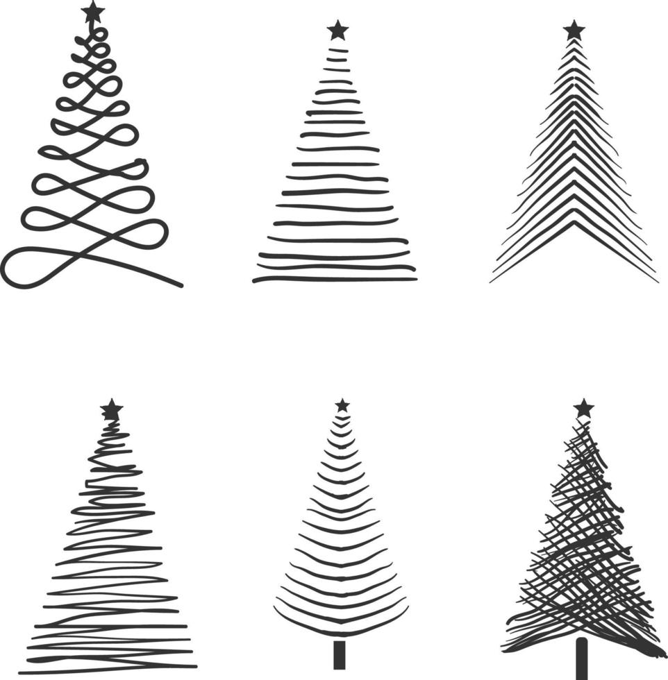 Christmas tree silhouette set hand drawn illustration on white background vector
