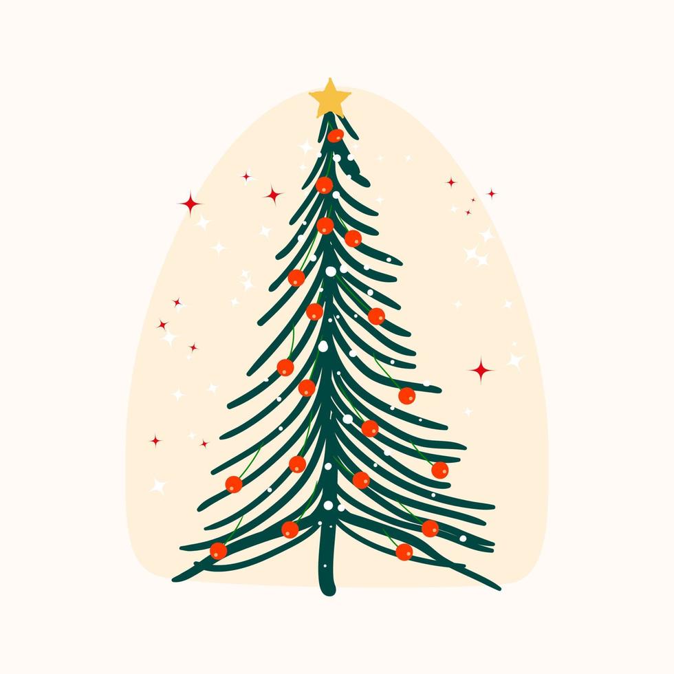 árbol de navidad decorado con bolas de navidad y estrellas ilustración plana dibujada a mano sobre fondo blanco vector