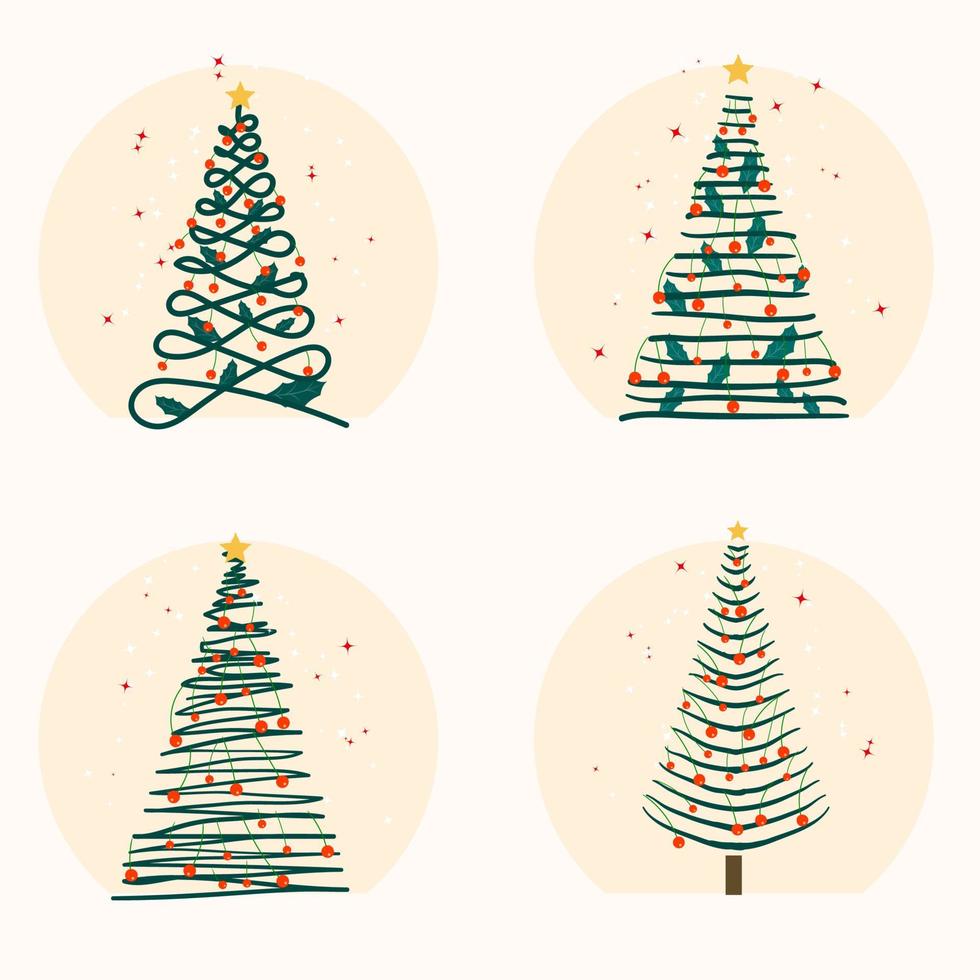 Decorated Christmas tree set with Christmas balls and stars hand drawn flat illustration on white background vector