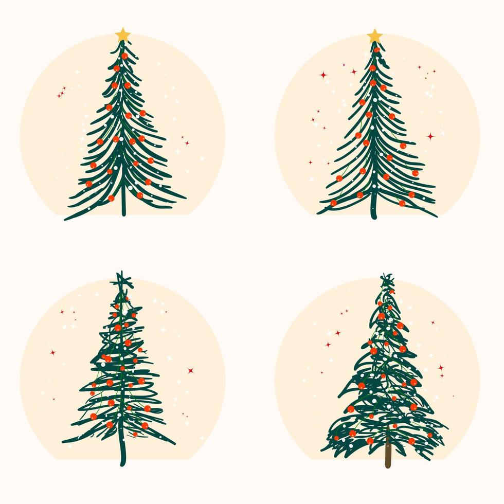 árbol de navidad decorado con bolas de navidad y estrellas ilustración plana dibujada a mano sobre fondo blanco vector