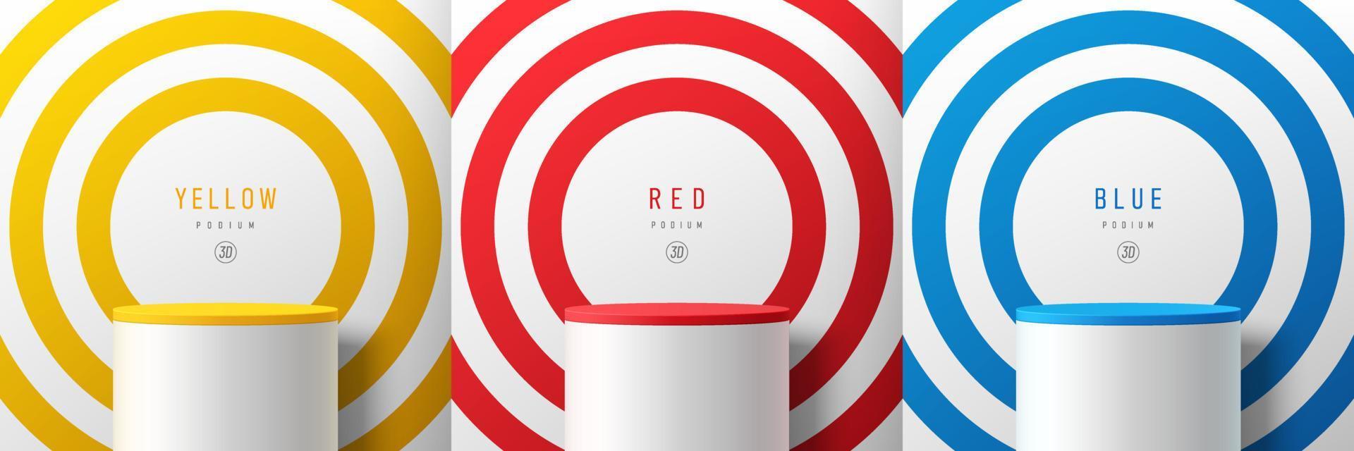 Set of radial circles yellow, red, blue and white background with white cylinder stand podium. Minimal wall scene mockup product display. Abstract vector geometric forms design. Round stage showcase.