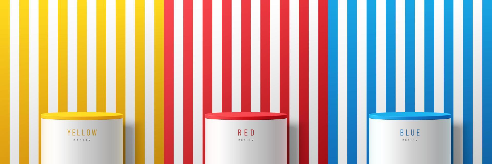 Set of yellow, red, blue, white vertical stripes pattern background with white cylinder stand podium. Minimal wall scene mockup product display. Abstract vector geometric forms. Round stage showcase.