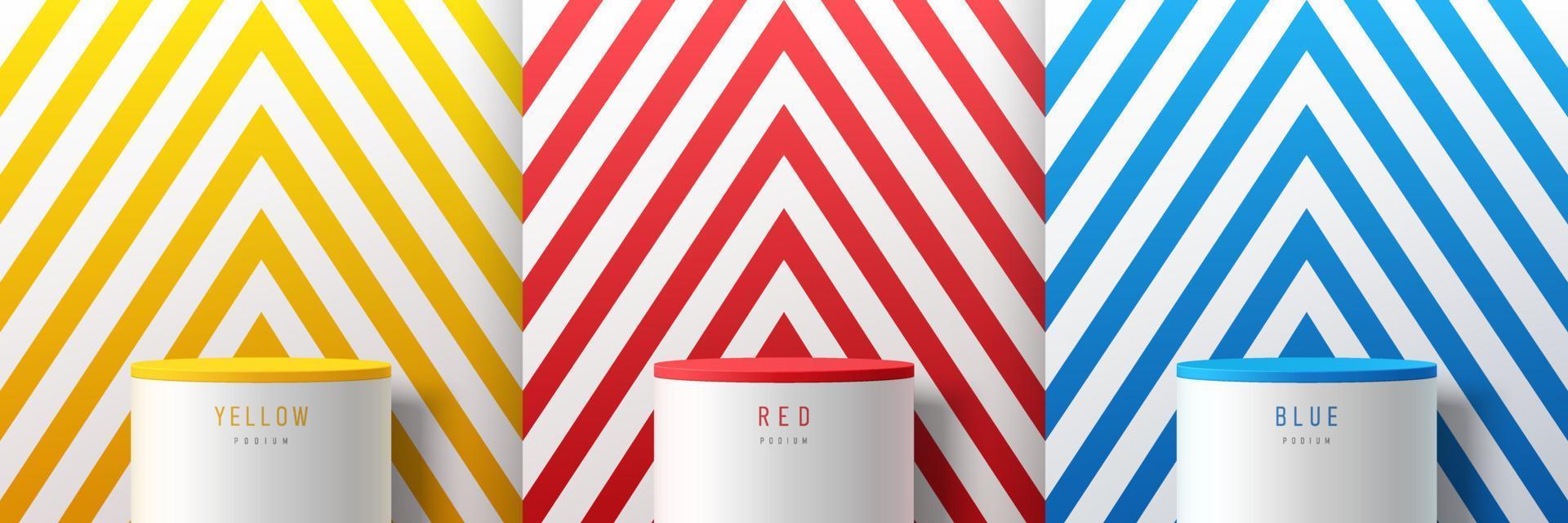 Set of yellow, red, blue, white triangles stripes pattern background with white cylinder stand podium. Minimal wall scene mockup product display. Abstract vector geometric forms. Round stage showcase.