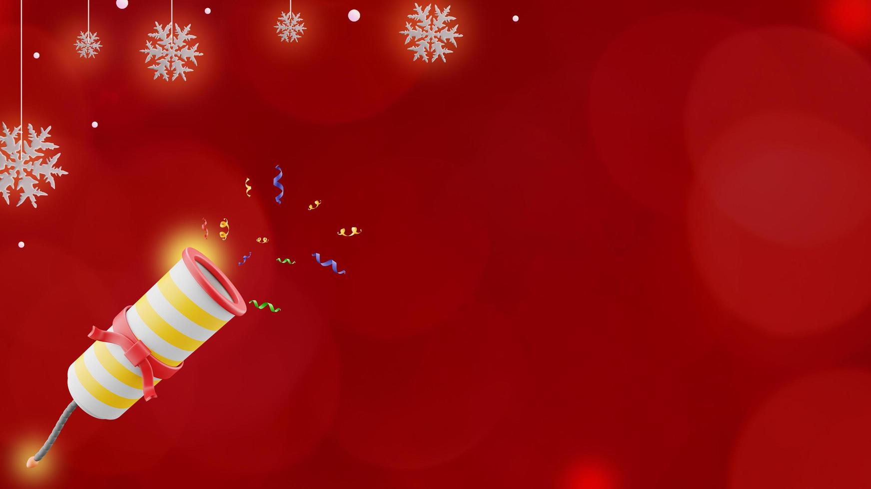 Christmas background on red background with fire cracker and snowflakes in copy space photo