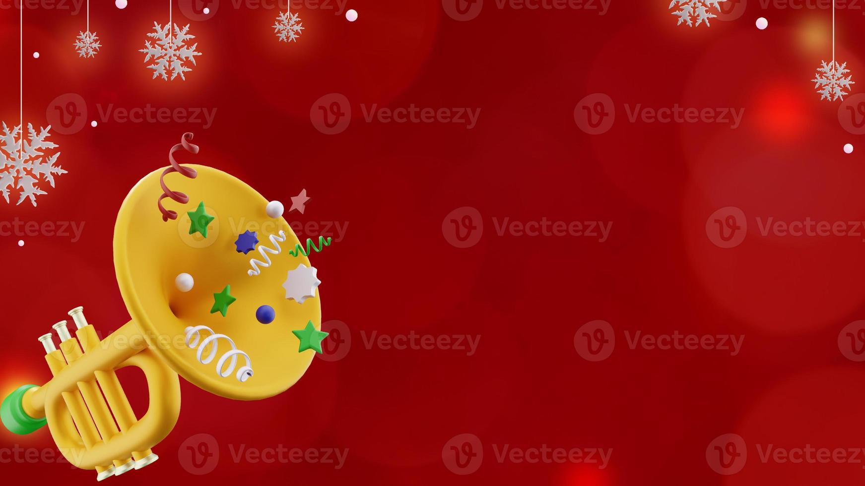 Christmas banner on red background with trumpet and snowflakes in copy space photo