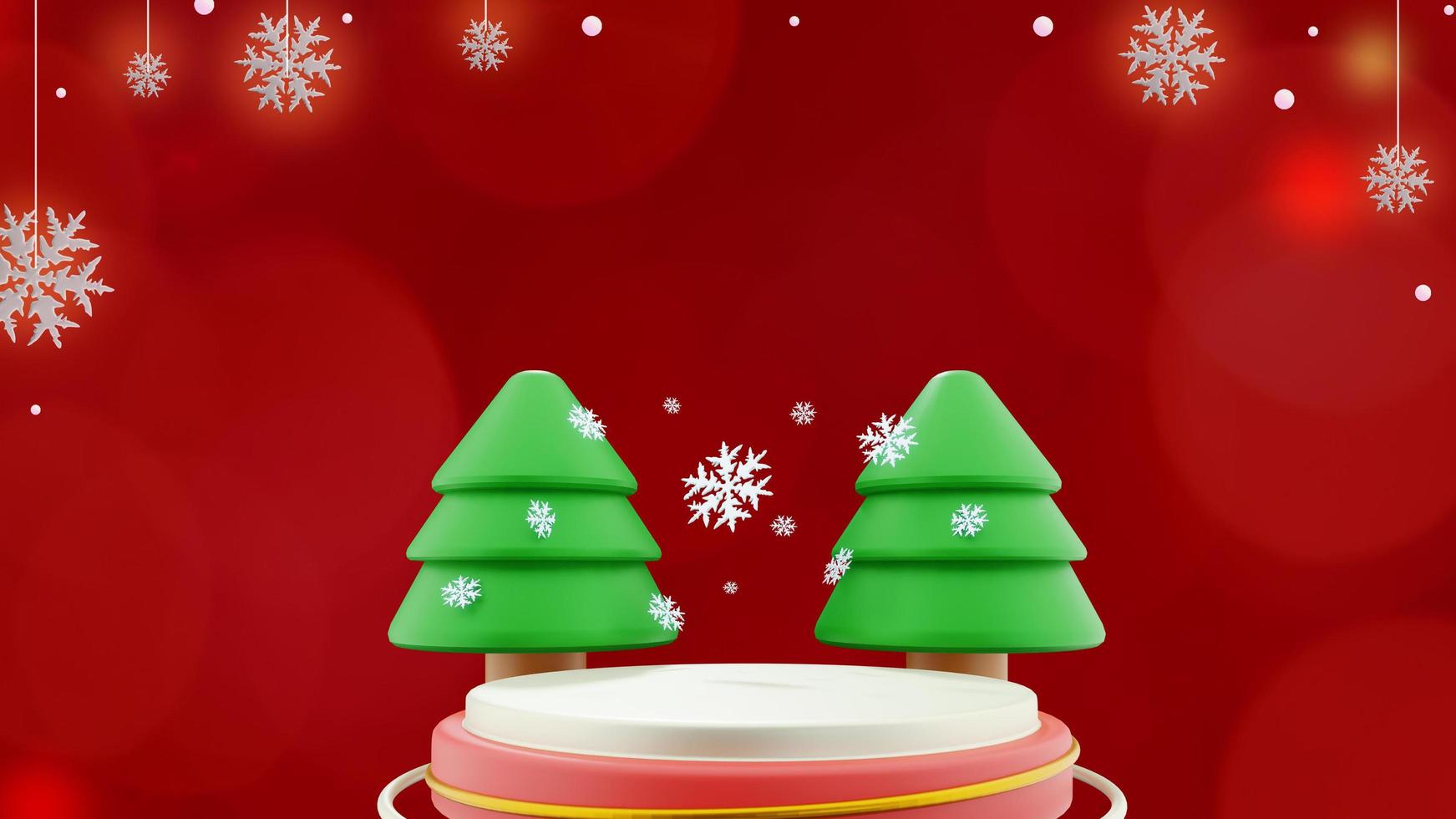 Christmas banner on red background with christmas tree podium and snowflakes in copy space photo