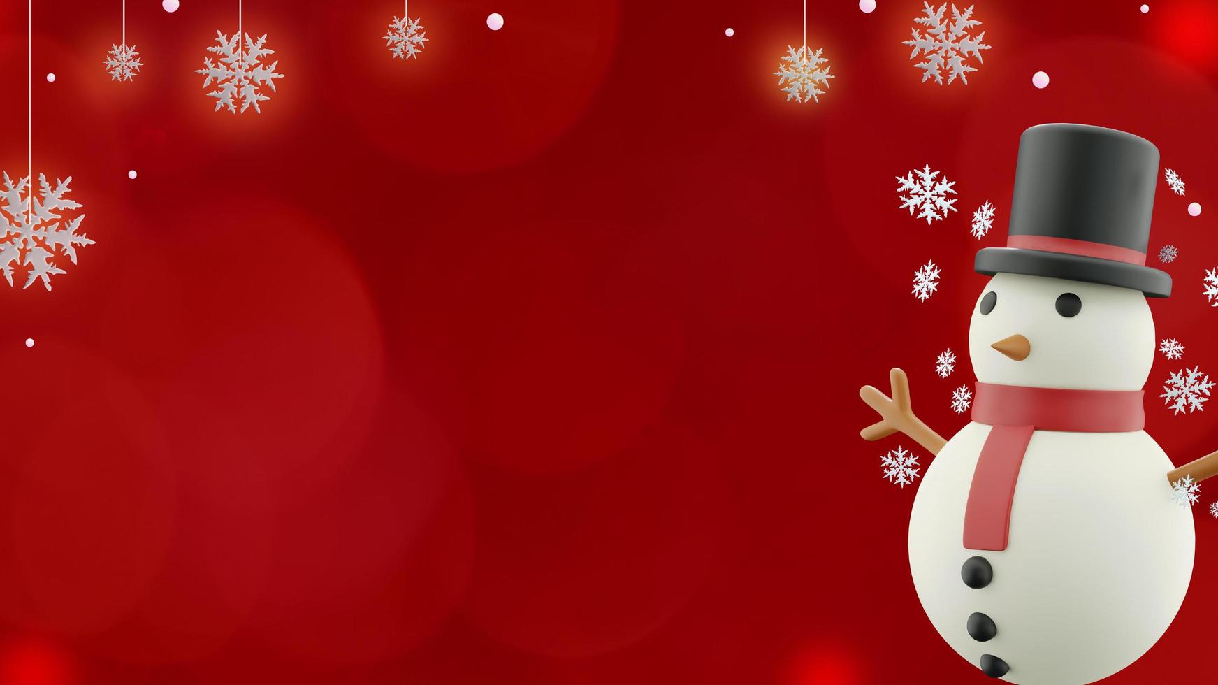 banner de navidad sobre fondo rojo con lindo muñeco de nieve y copos de nieve en espacio de copia foto