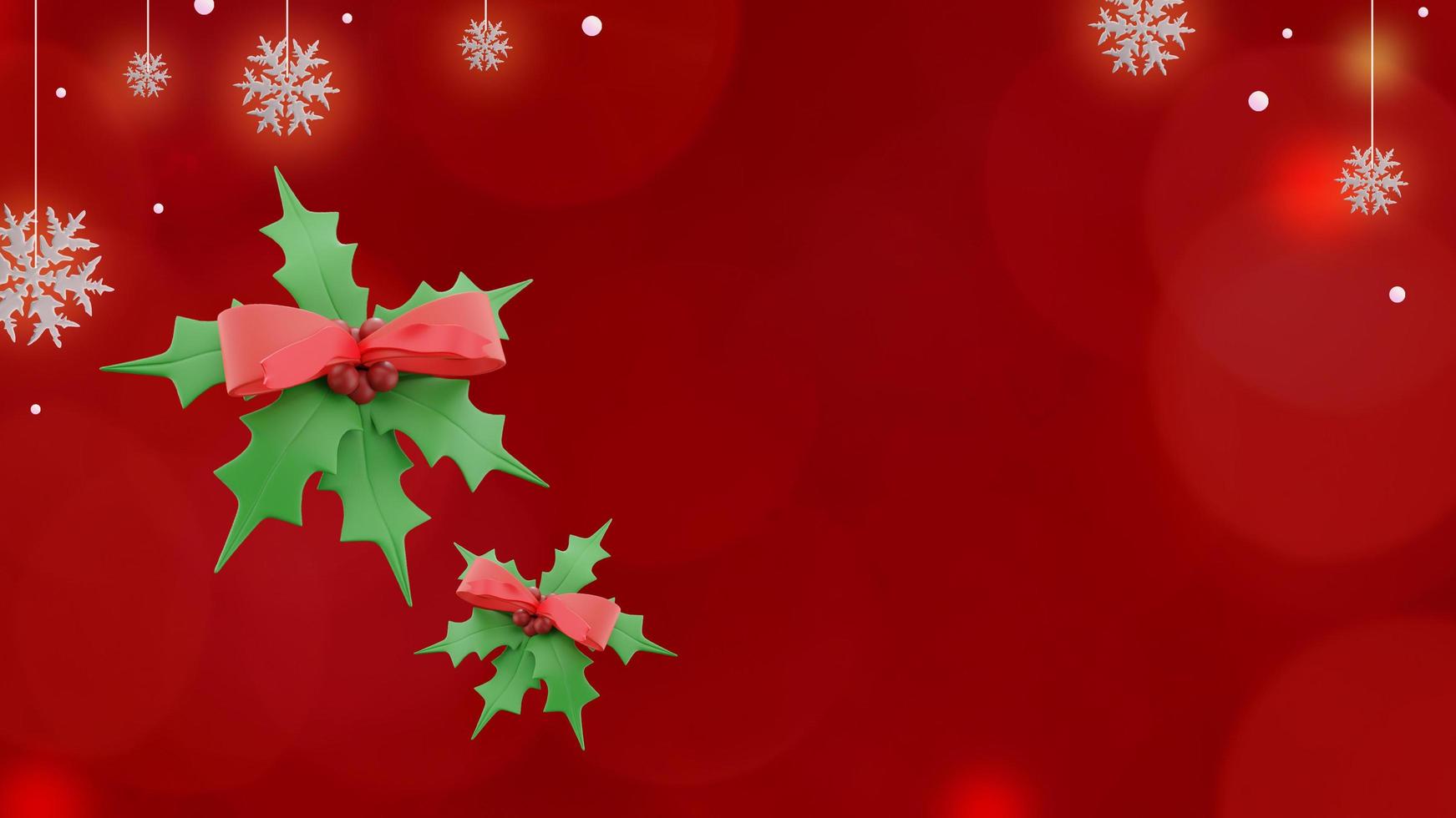 Christmas banner on red background with mistletoe leaf plants and snowflakes in copy space photo