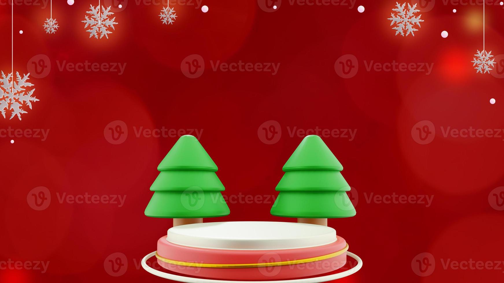 Christmas banner on red background with christmas tree podium and snowflakes in copy space photo