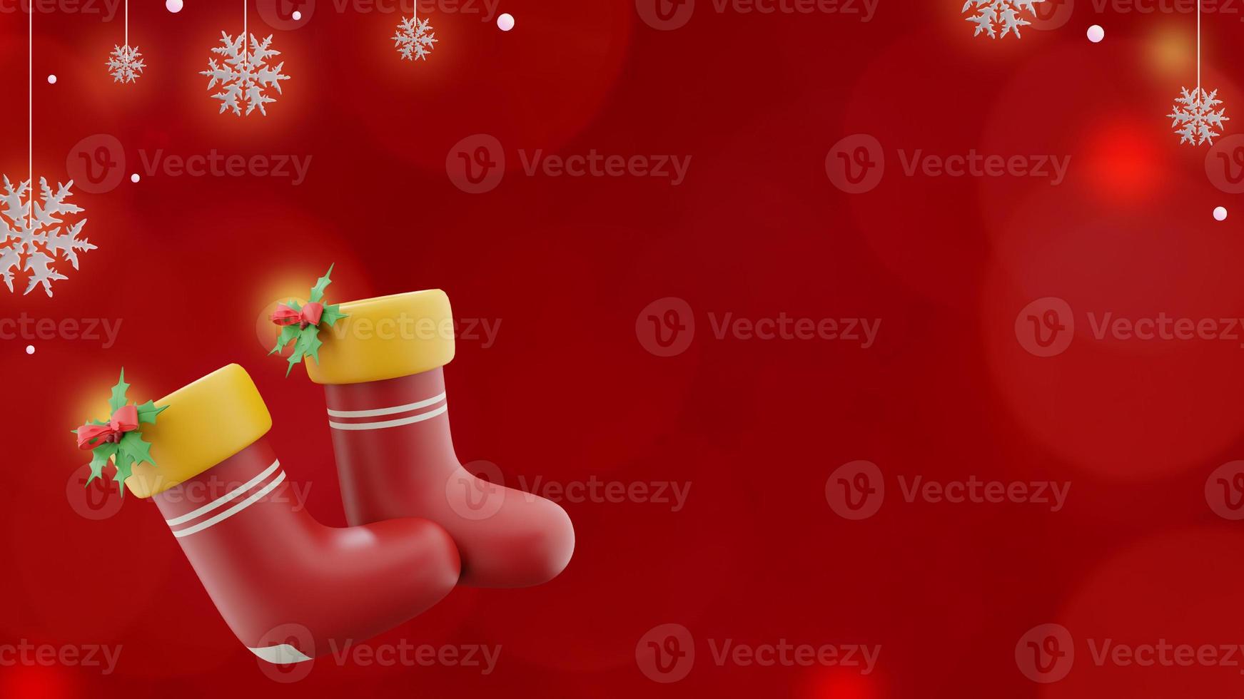 Christmas banner on red background with stocking socks and snowflakes in copy space photo