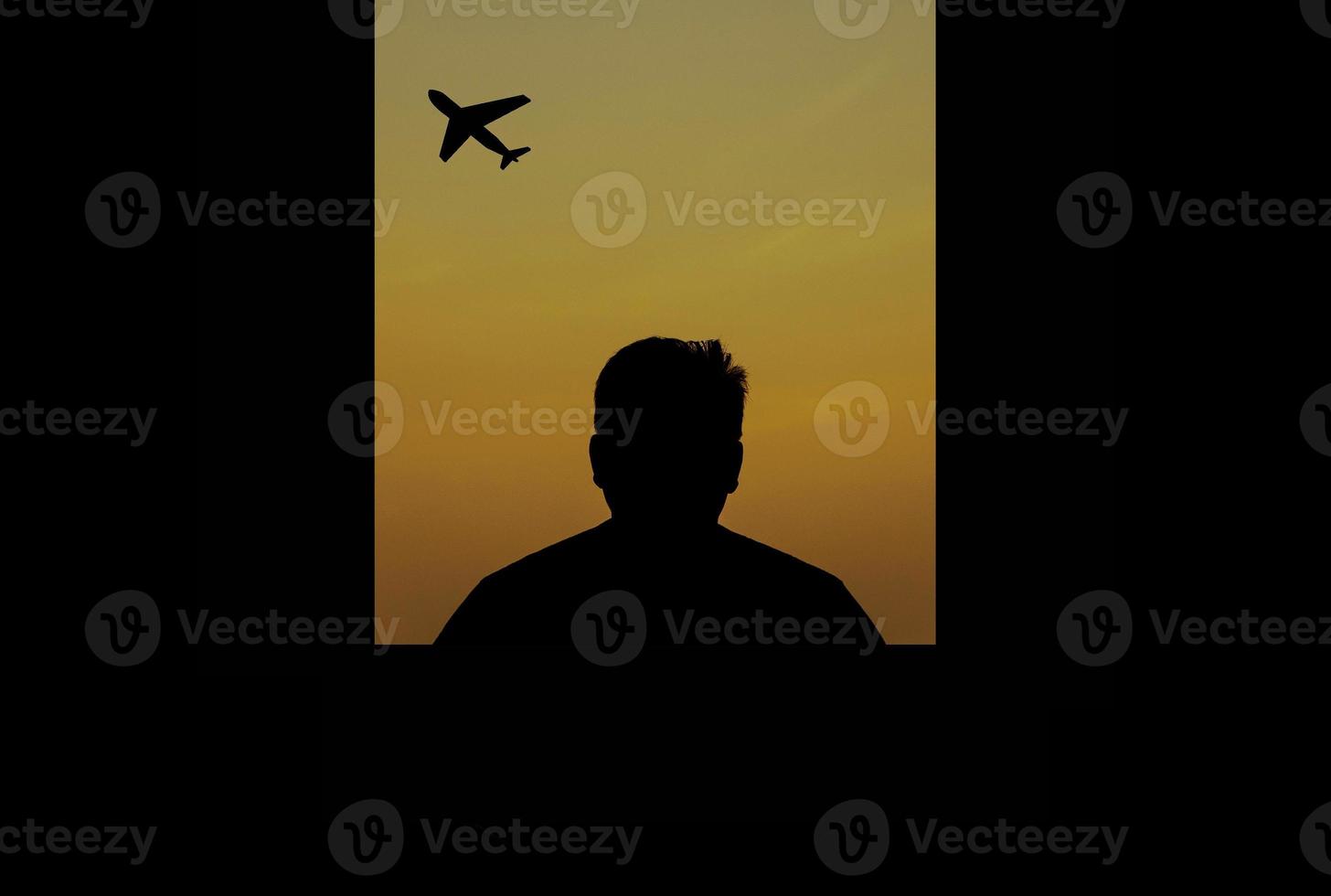 man alone looking at the plane through the window and silhouette photo