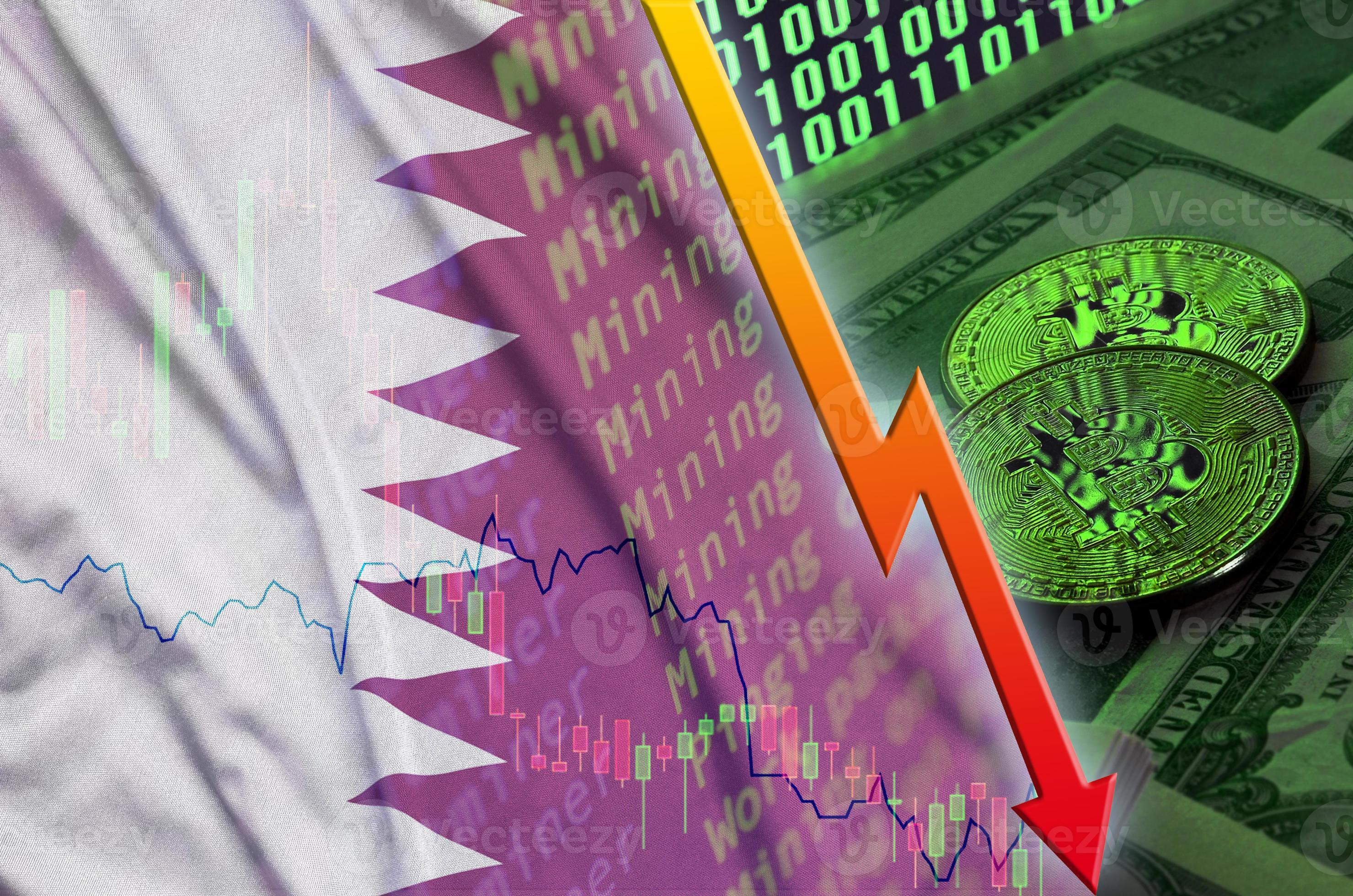Qatar flag and cryptocurrency falling trend with two bitcoins on dollar