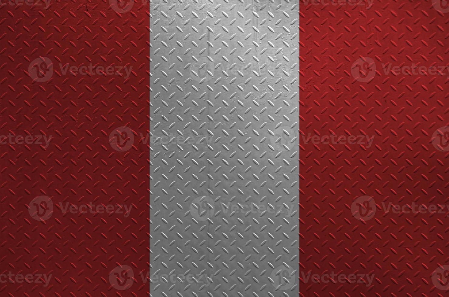 Peru flag depicted in paint colors on old brushed metal plate or wall closeup. Textured banner on rough background photo