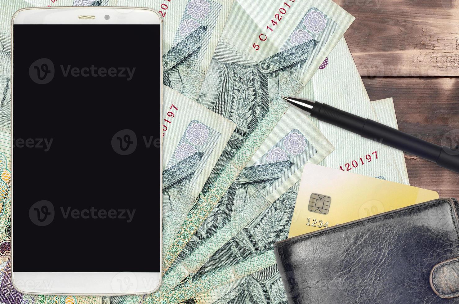 20 Thai Baht bills and smartphone with purse and credit card. E-payments or e-commerce concept. Online shopping and business with portable devices photo