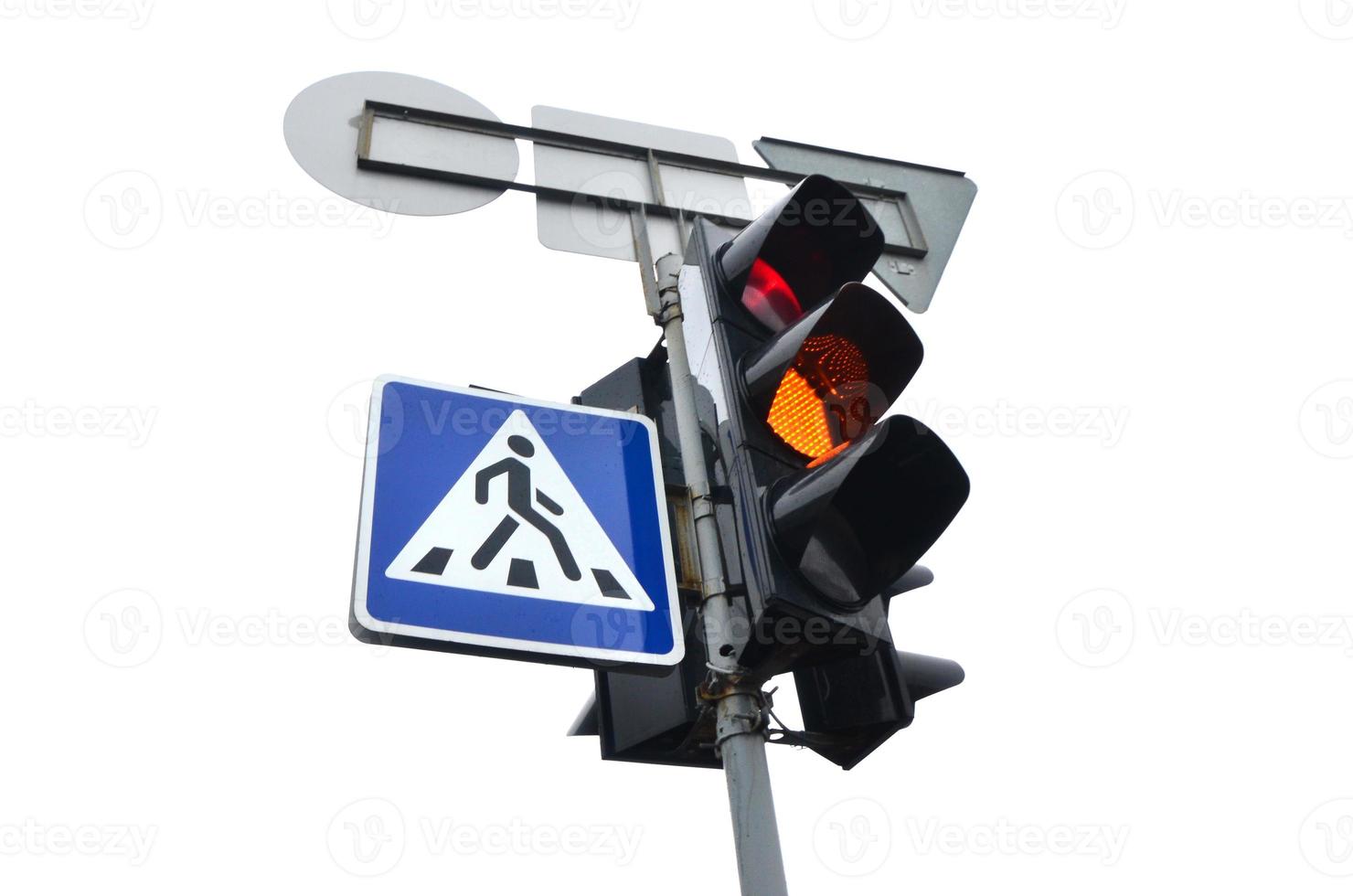 Traffic lights with the red light lit isolated on white photo
