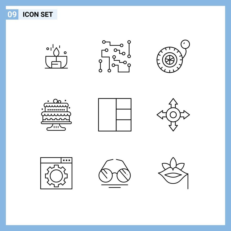 Modern Set of 9 Outlines and symbols such as grid cake physical science baking wheel Editable Vector Design Elements