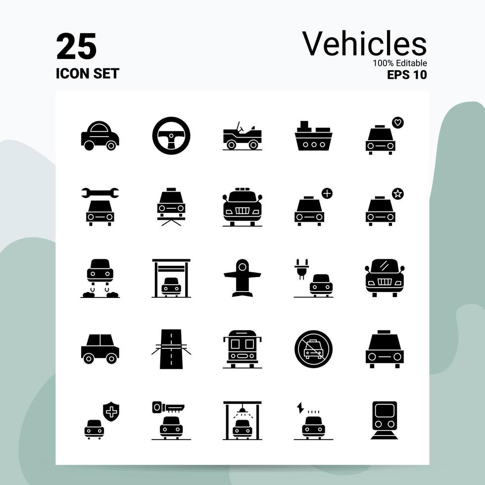 25 Vehicles Icon Set 100 Editable EPS 10 Files Business Logo Concept Ideas Solid Glyph icon design vector