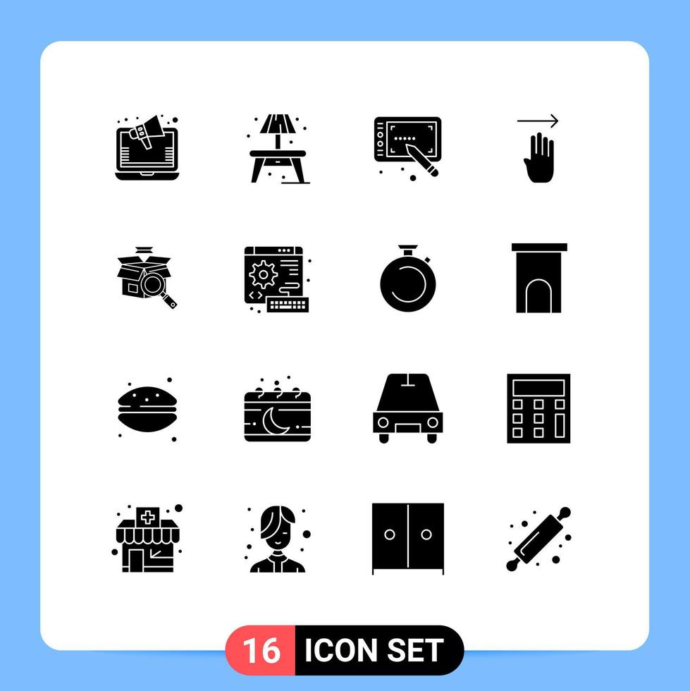 User Interface Pack of 16 Basic Solid Glyphs of e shopping search stylus box gesture Editable Vector Design Elements