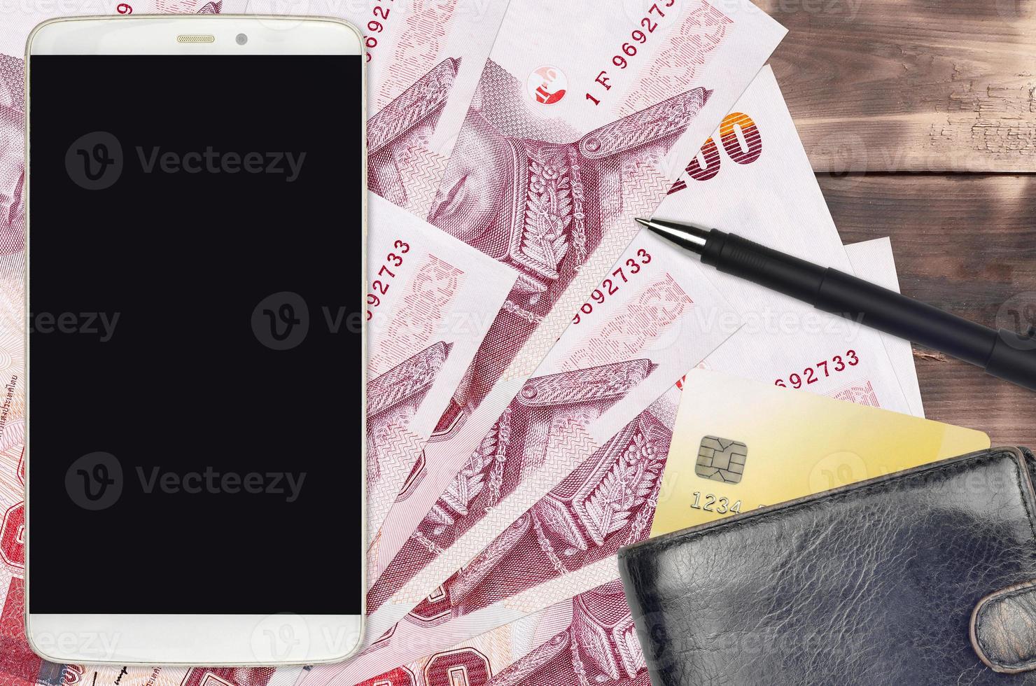 100 Thai Baht bills and smartphone with purse and credit card. E-payments or e-commerce concept. Online shopping and business with portable devices photo