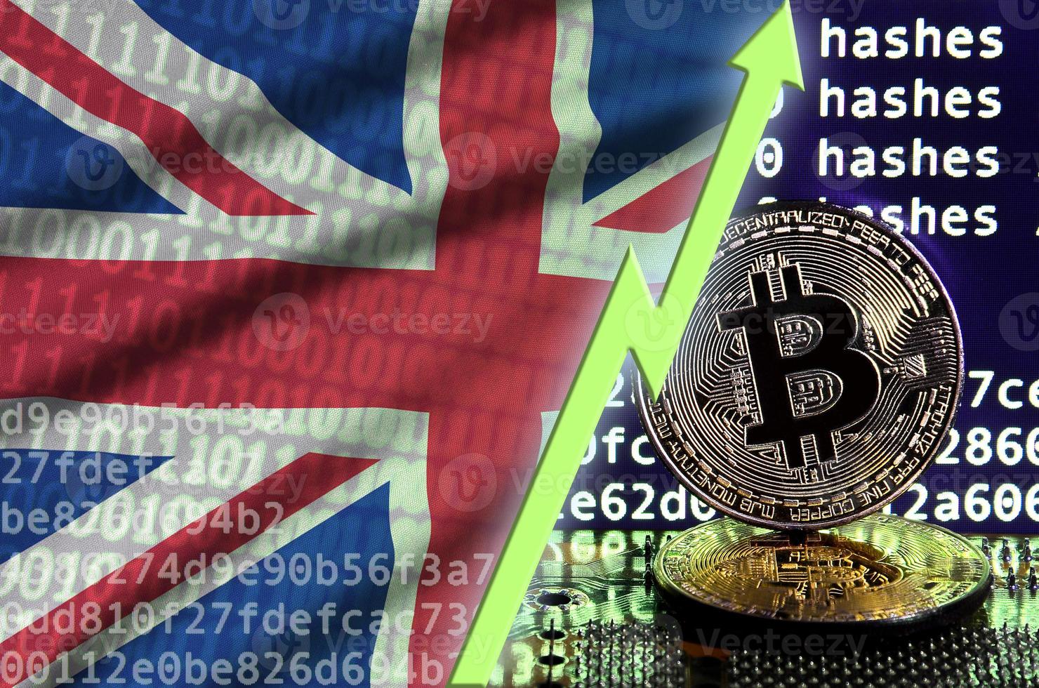 Great britain flag and rising green arrow on bitcoin mining screen and two physical golden bitcoins photo