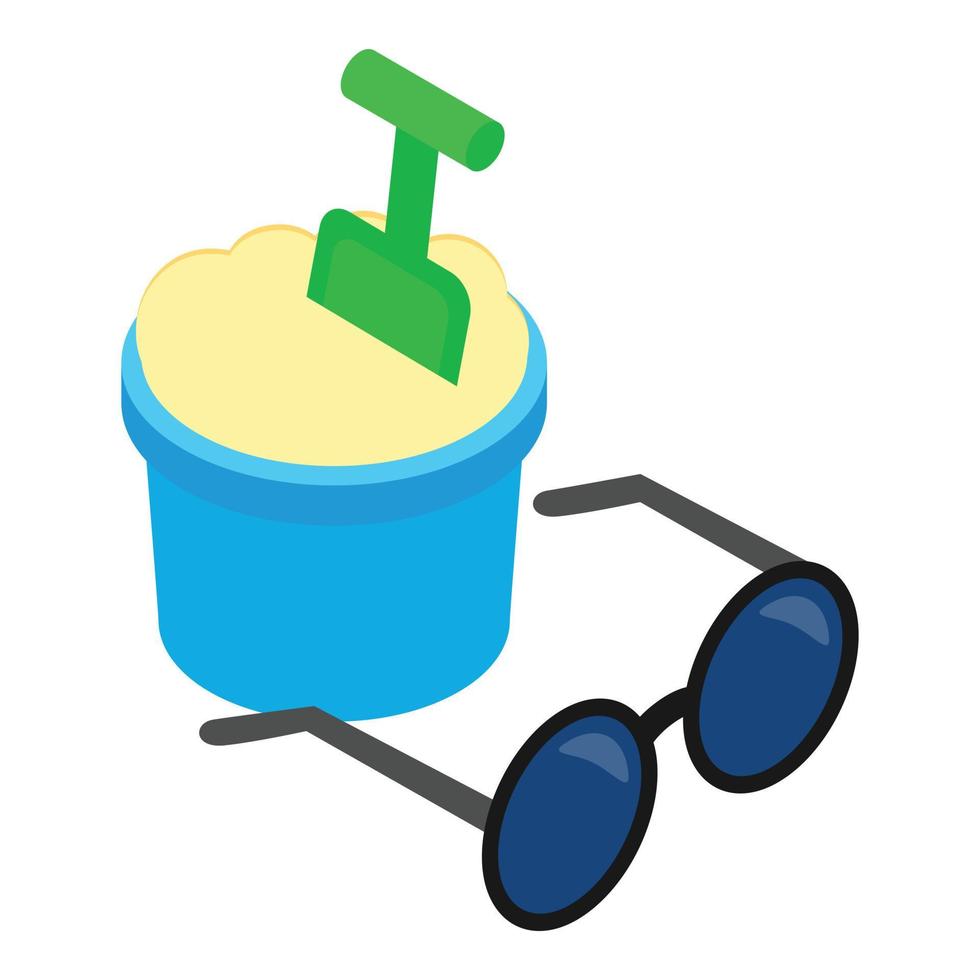 Beach vacation icon isometric vector. Toy pail filled sand shovel and sunglasses vector