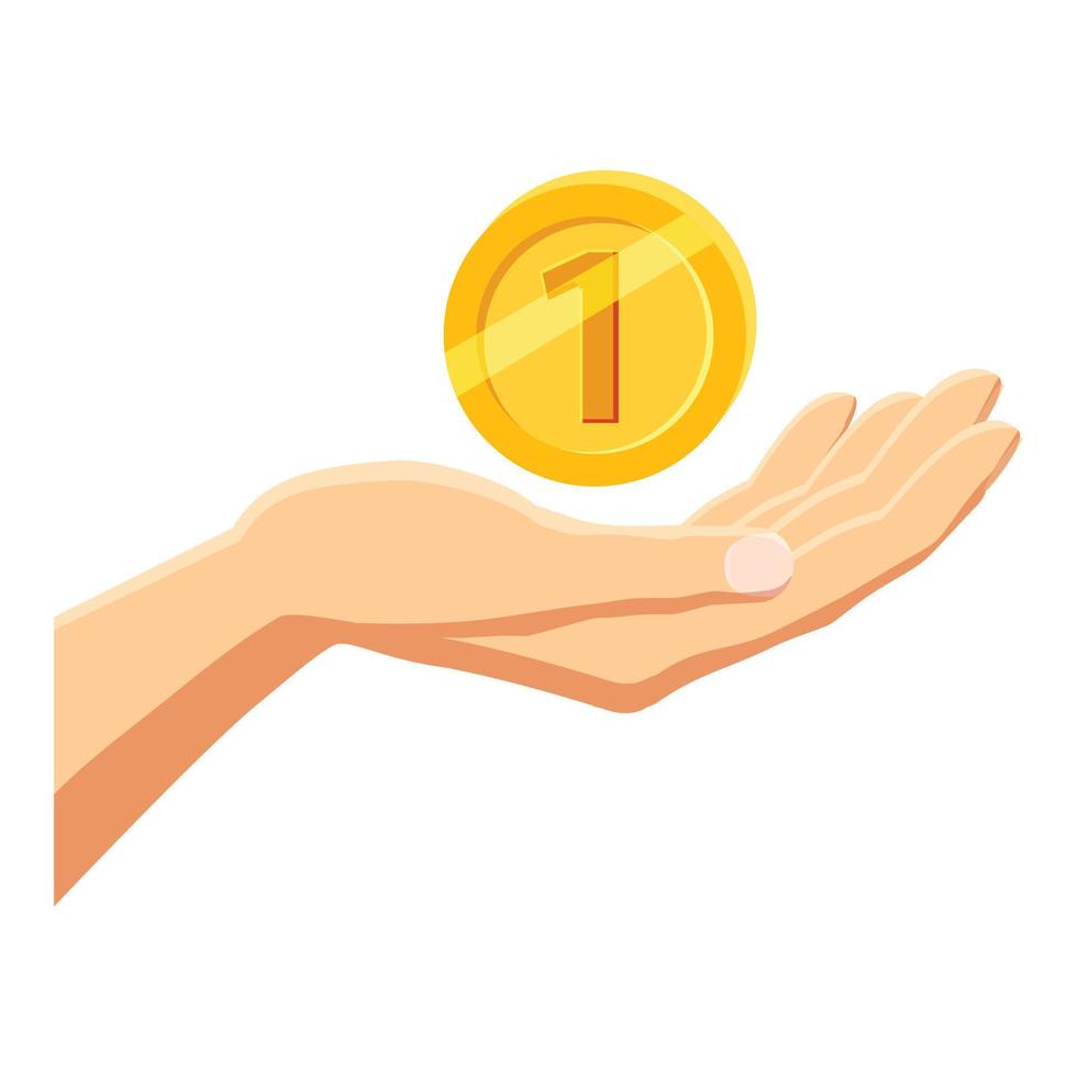 Hand holding gold coin icon, cartoon style vector