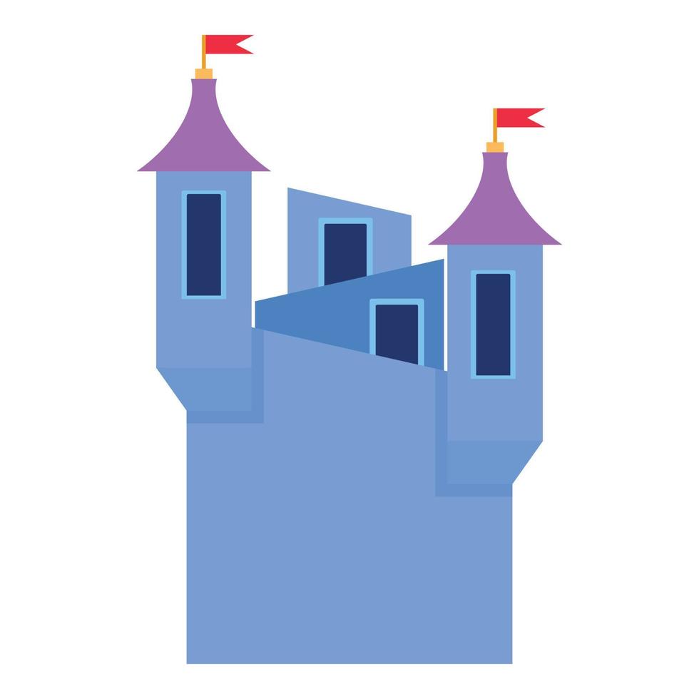 Blue castle towers with flags icon, cartoon style vector