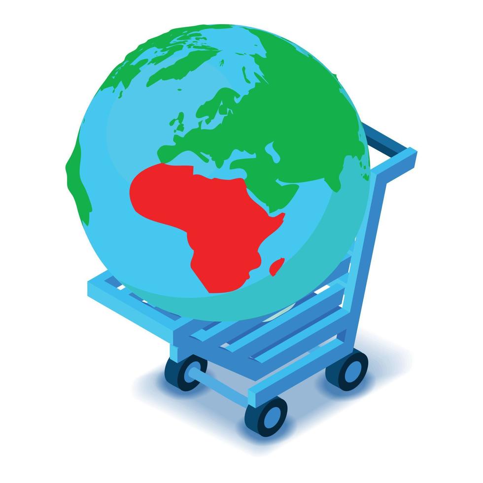 icono de comercio global vector isométrico. planeta tierra globo en carrito de la compra icono