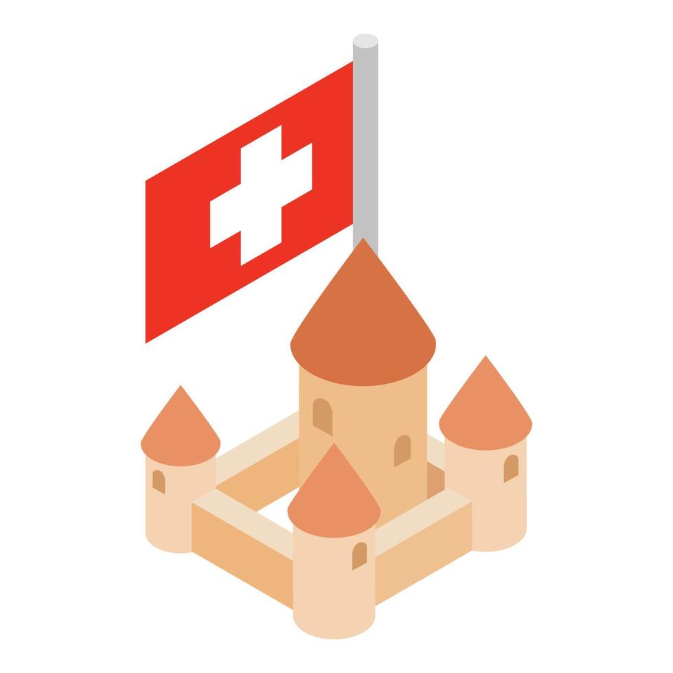 Swiss castle icon isometric vector. Chillon castle and switzerland flag icon vector