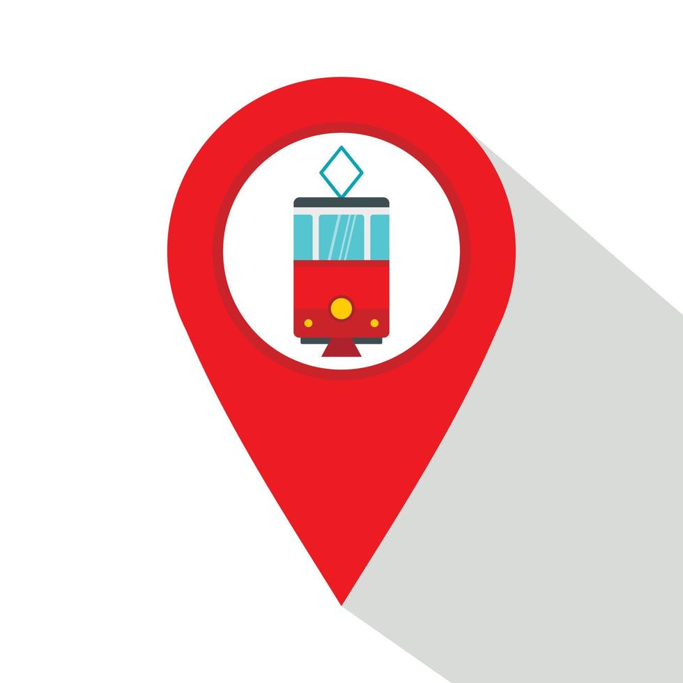 Red map pointer with tram symbol icon, flat style vector