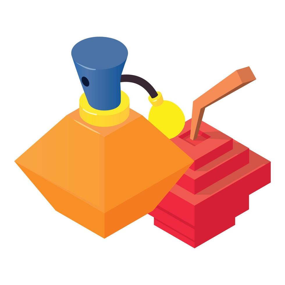 Fresh perfume icon isometric vector. Bottle of perfume and red retro pixel apple vector